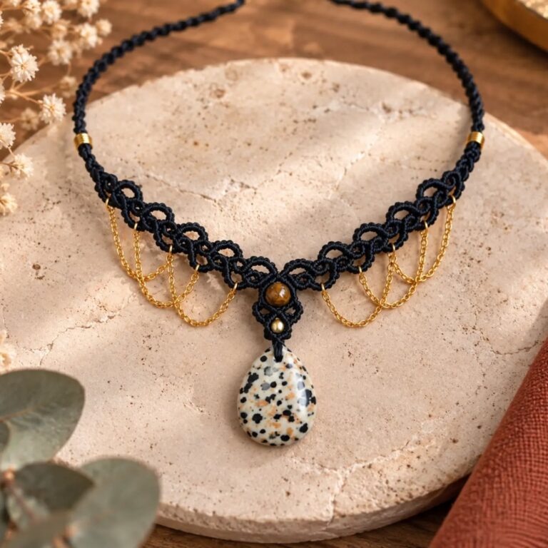 Collier Nomade en macramé noir, jaspe dalmatien et œil de tigre