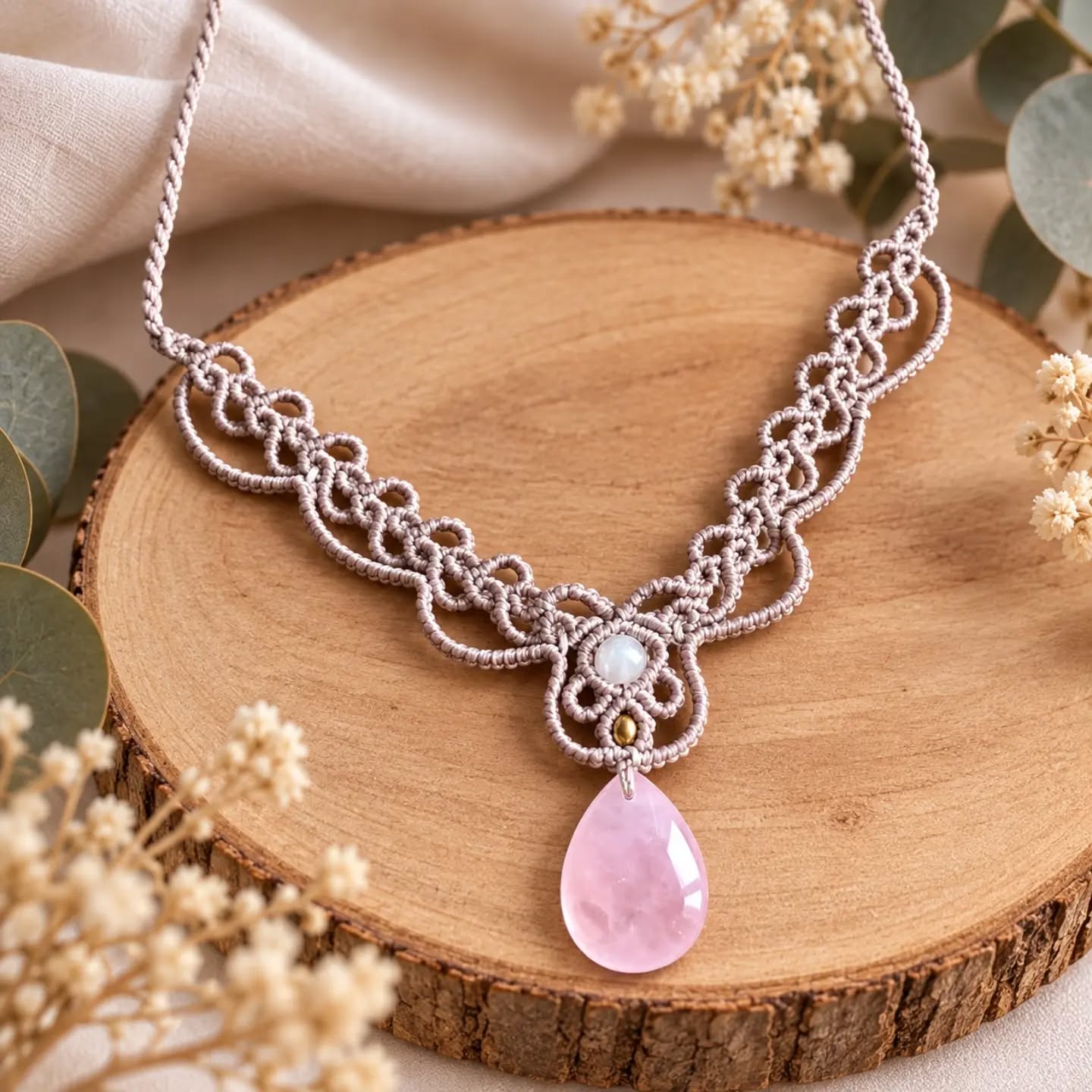 Collier Nomade en macramé beige avec pendentif en quartz rose et perle en laiton
